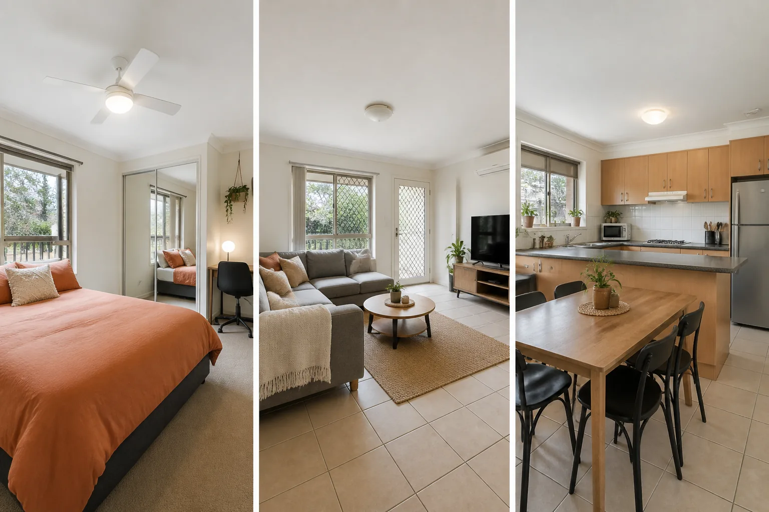 Illustrative three-panel RentSeekr showcase of a room rental