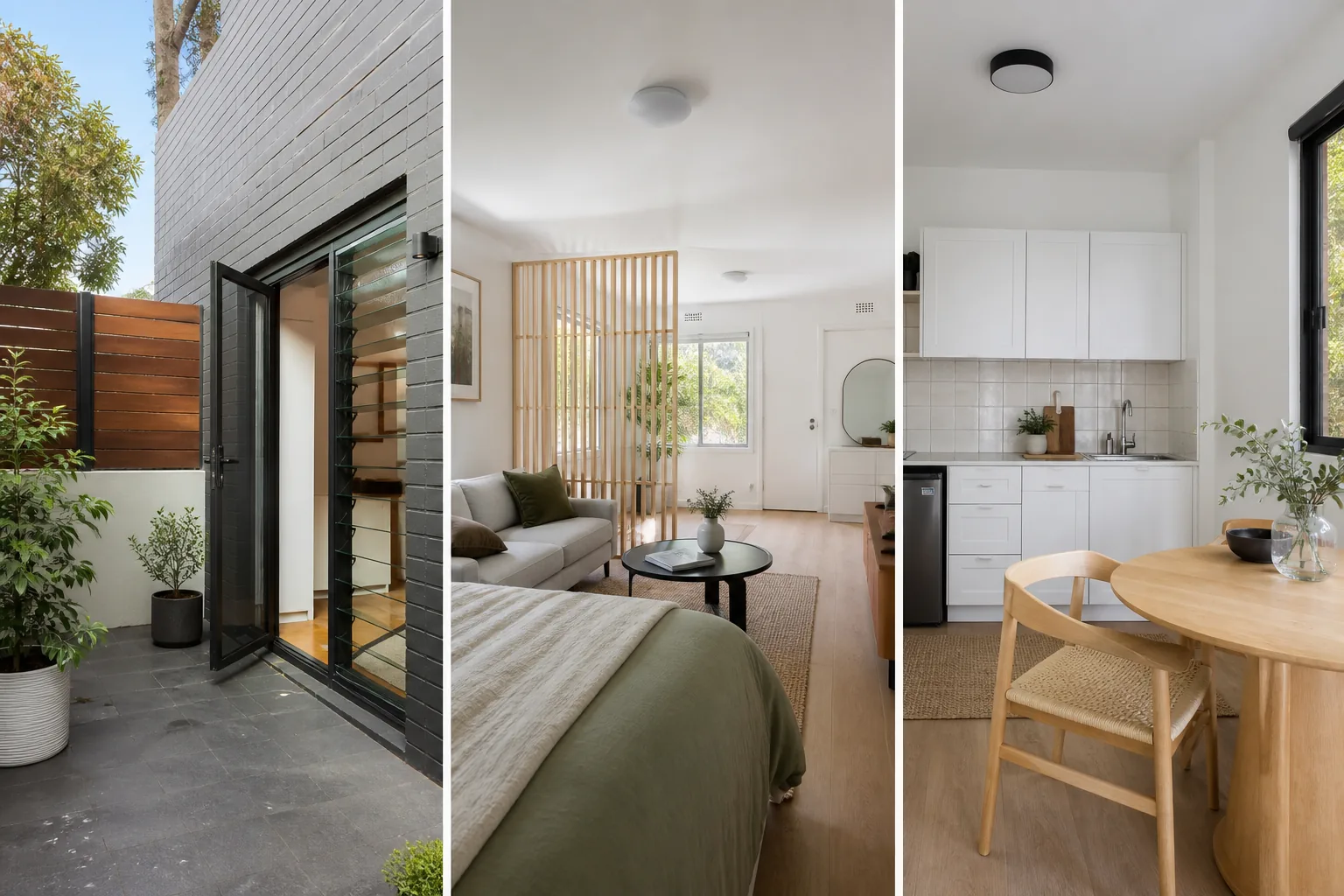 Illustrative three-panel RentSeekr showcase of a studio apartment