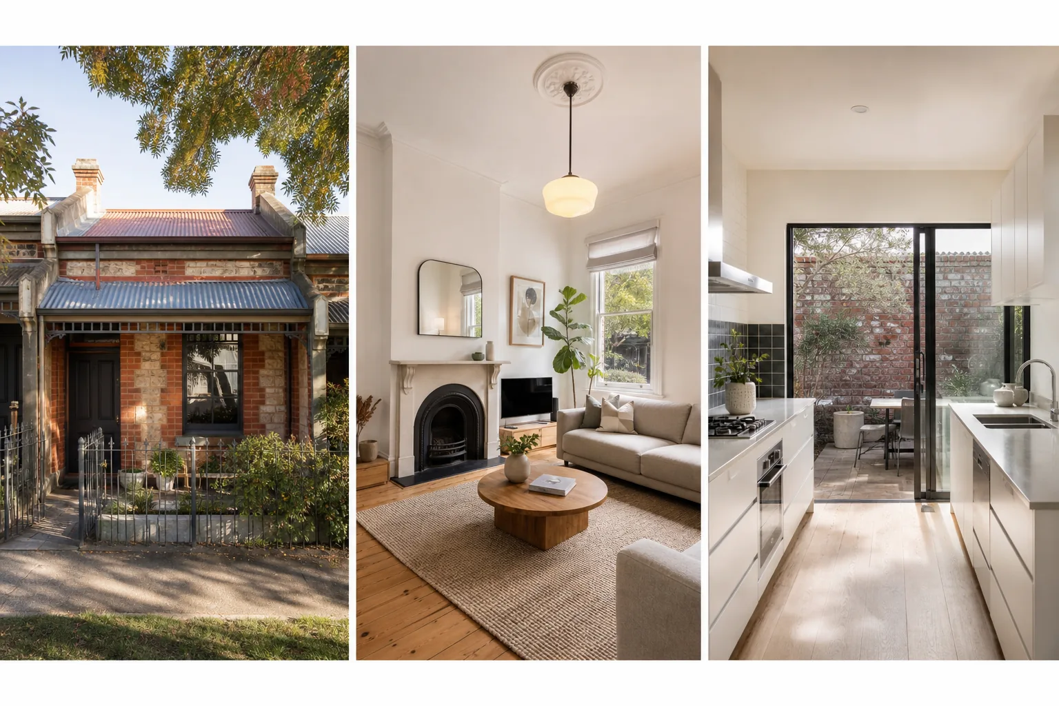 Illustrative three-panel RentSeekr showcase of a character terrace