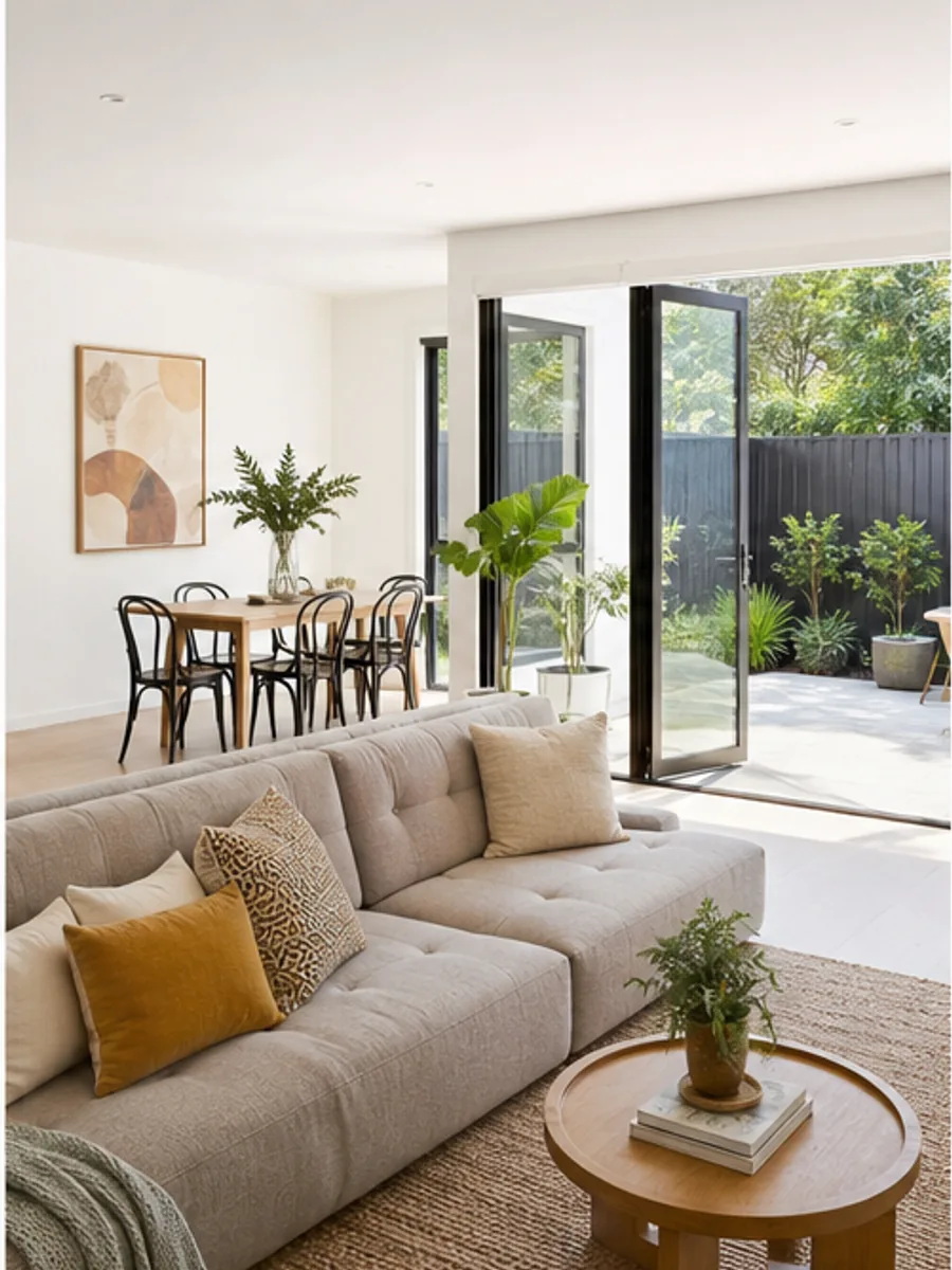 Light-filled townhouse living room opening onto a leafy courtyard