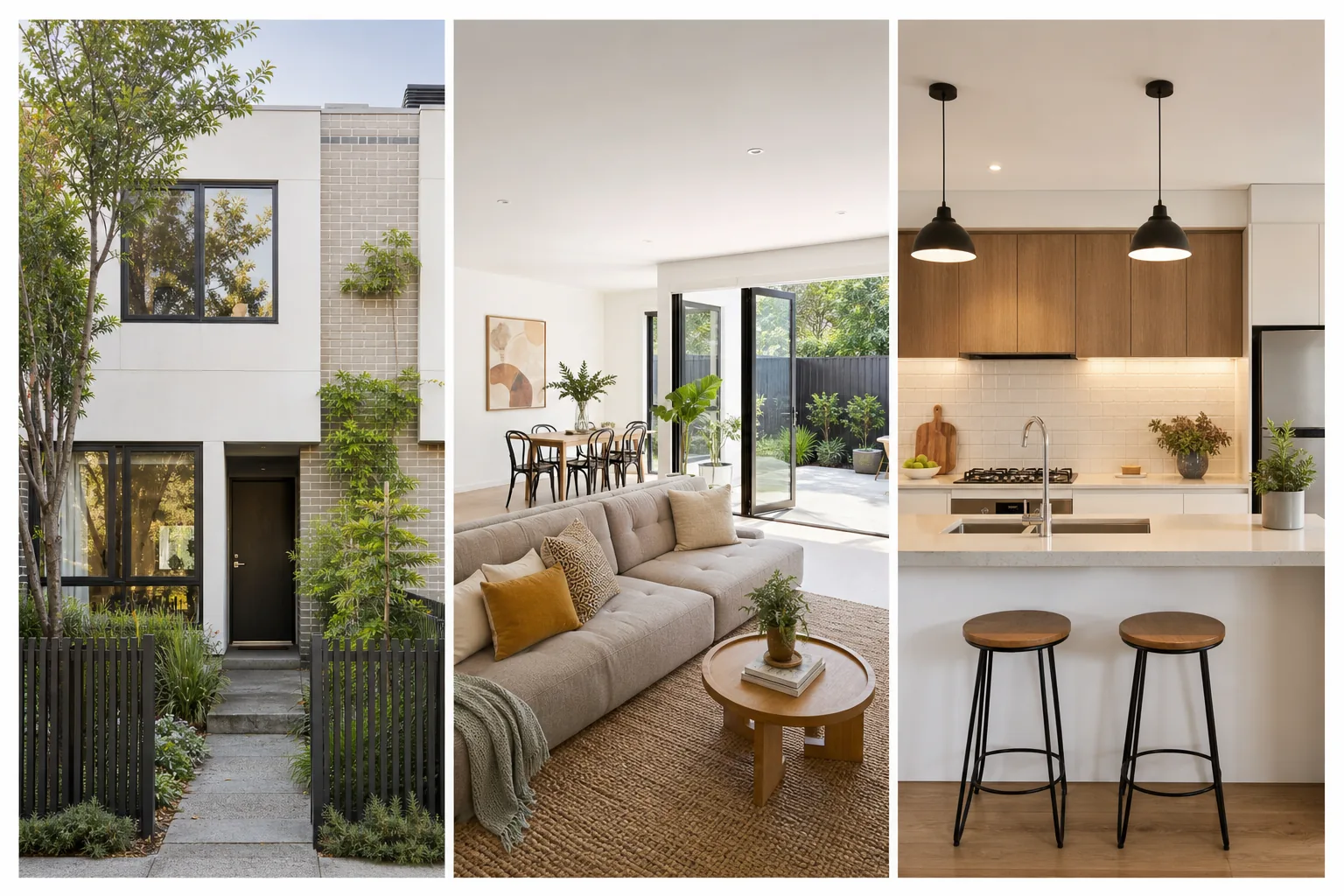 Illustrative three-panel RentSeekr showcase of a townhouse